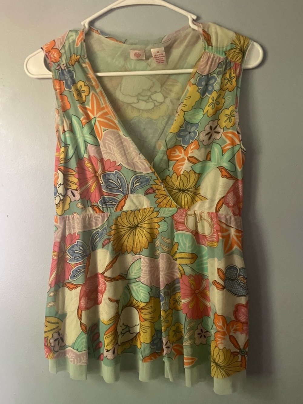 Floral V-Neck Sleeveless Tunic Top - Mint, Yellow, Pink